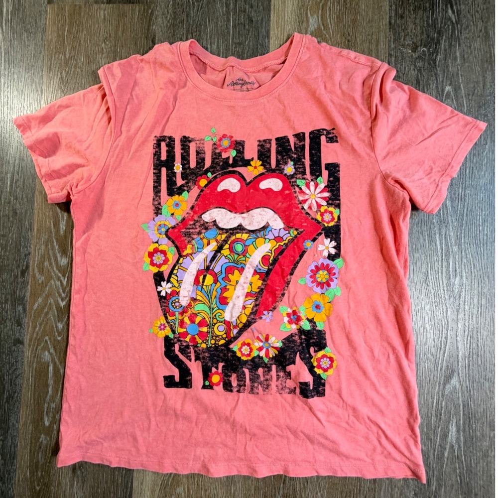 The Rolling Stones Graphic Tee Girls Size M 8-10 Pink Floral Tongue Rock Band